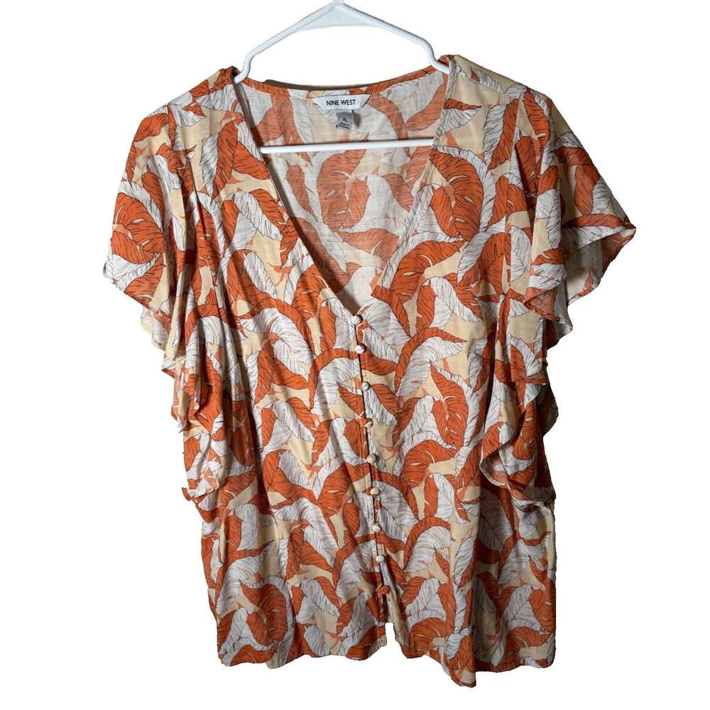 Nine West Blouse Women's XL V-Neck Button Up Ruffle Short Sleeve Casual Boho Top